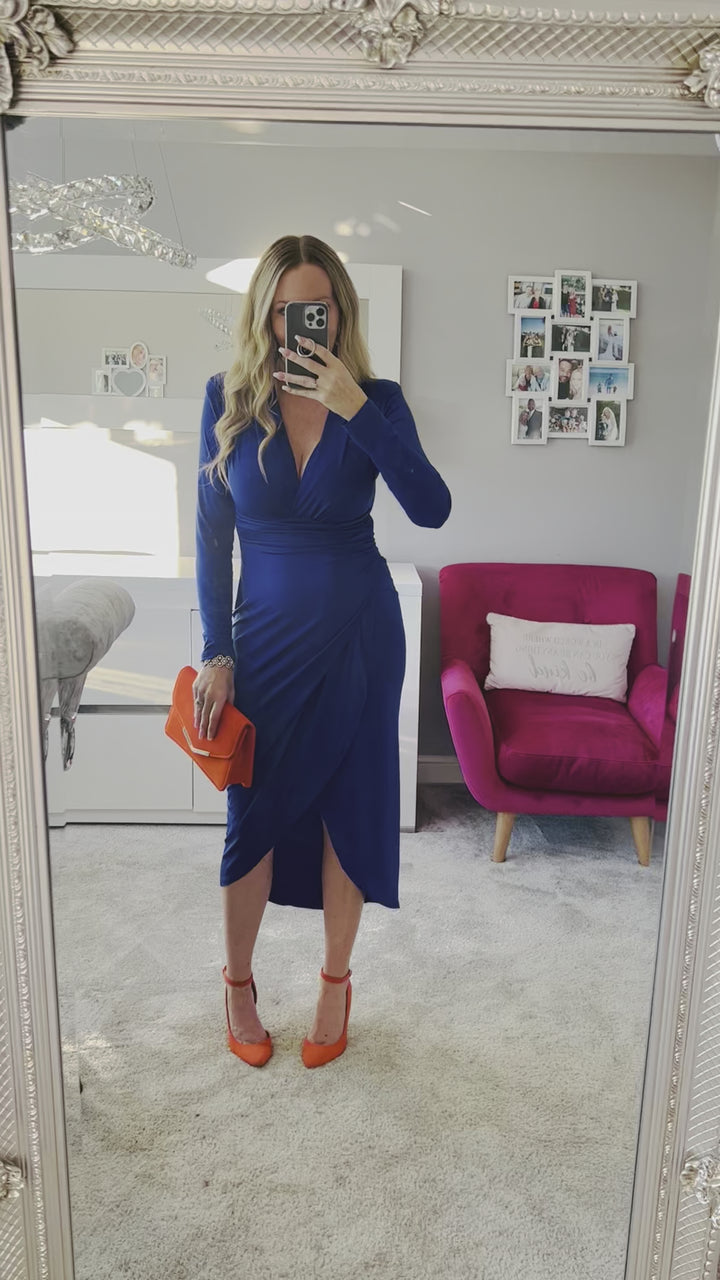 A Touch Of Class Cobalt Blue Long Sleeve Bodycon Wrap Midi/Maxi Dress