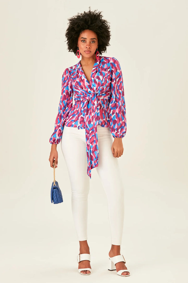 Jemima Pink & Blue Patterned Kimono Long Sleeve Blouse