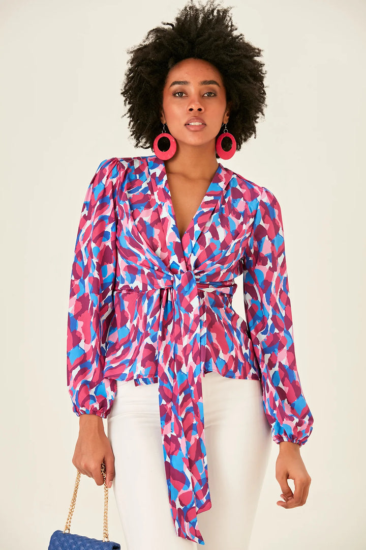 Jemima Pink & Blue Patterned Kimono Long Sleeve Blouse