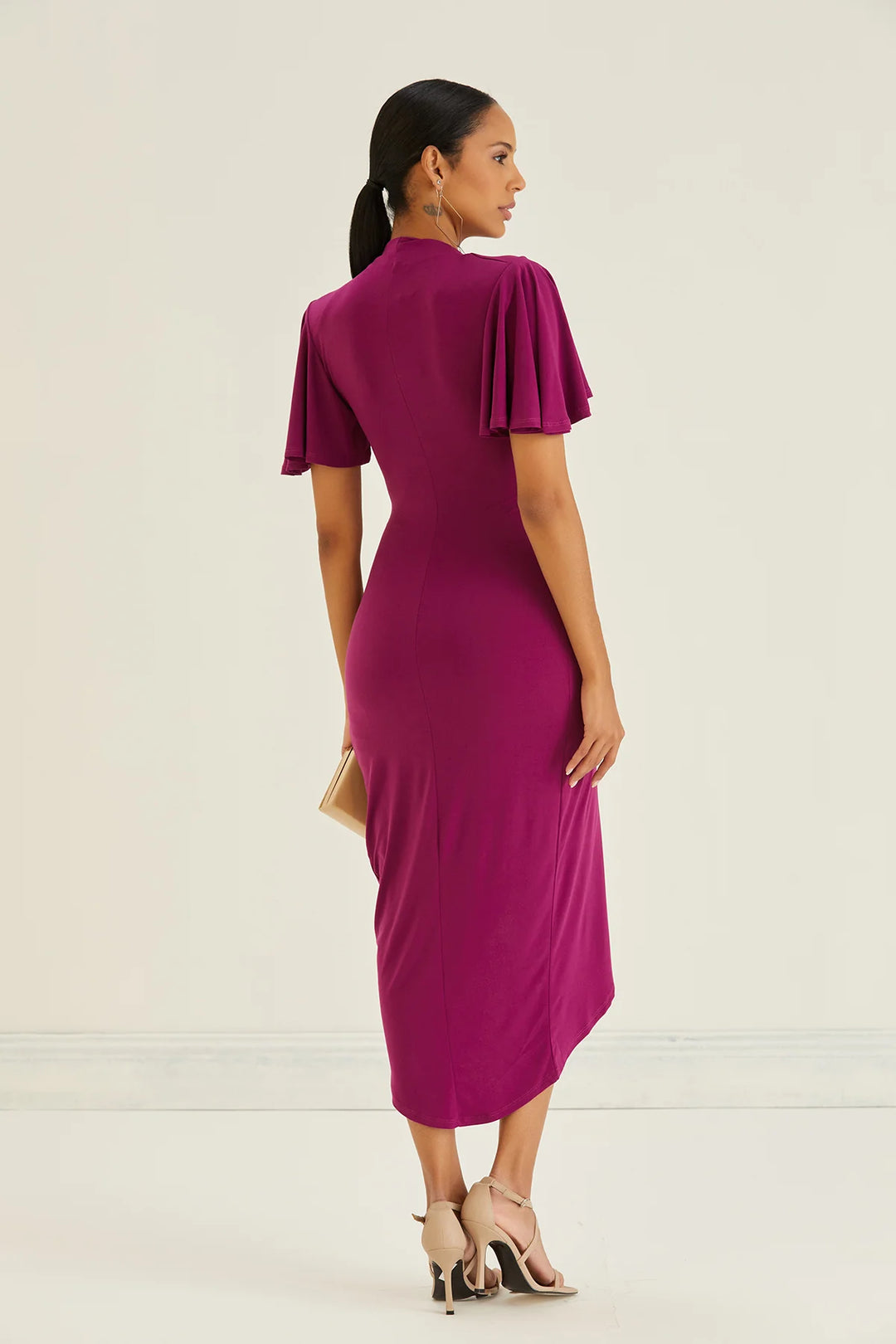 Manhattan Fuchsia Angel Sleeve Bodycon Midi Dress