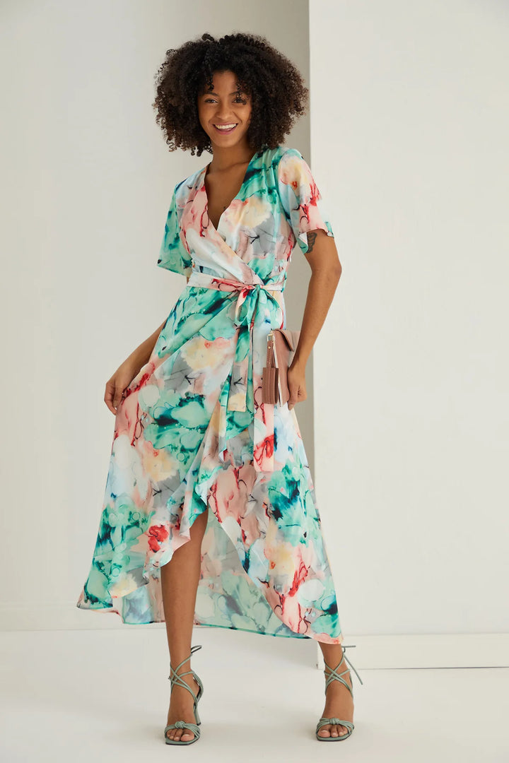 Flirtatious Green Floral Short Sleeve Belted Midi/Maxi Wrap Dress