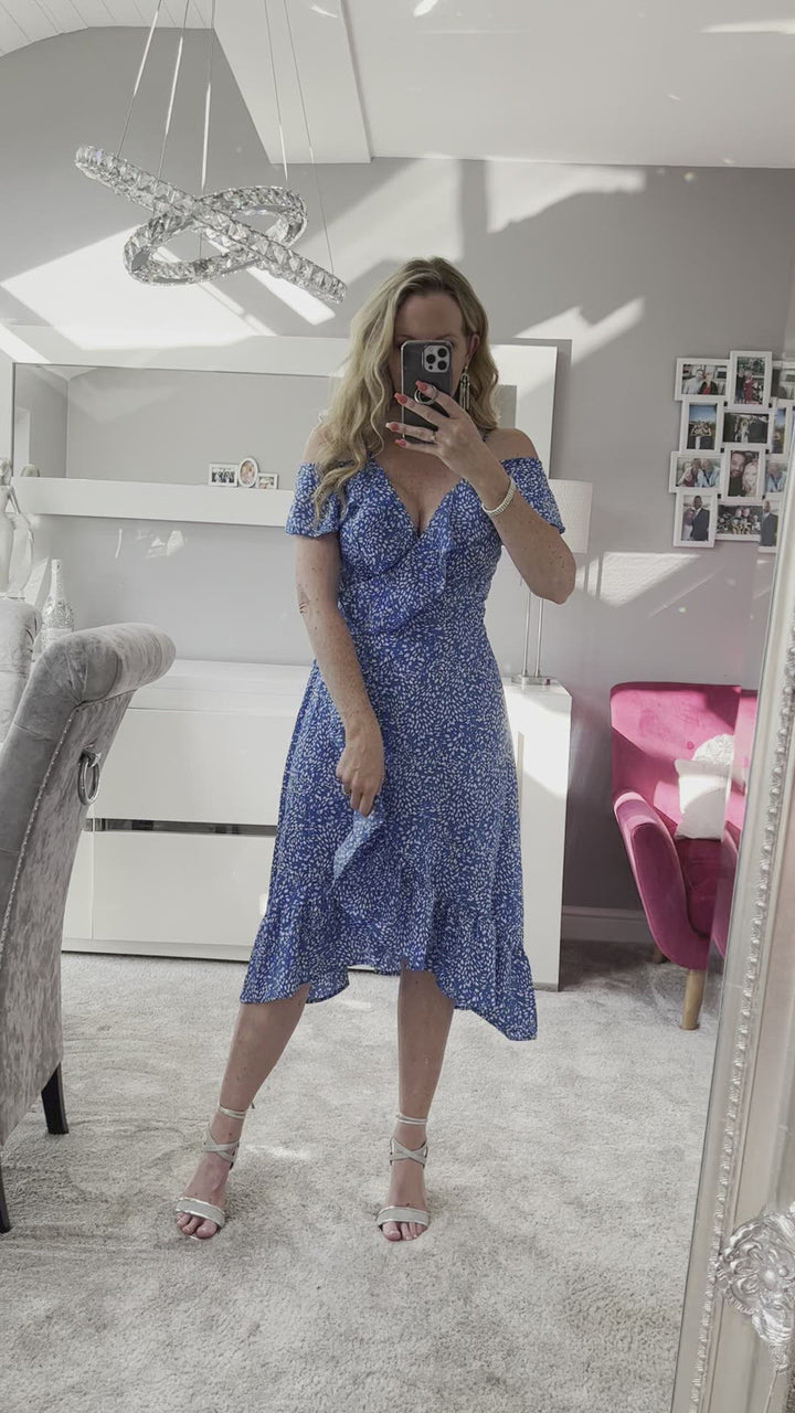 Seren Blue Ditsy Print Wrap Cami Cold Shoulder Midi Dress