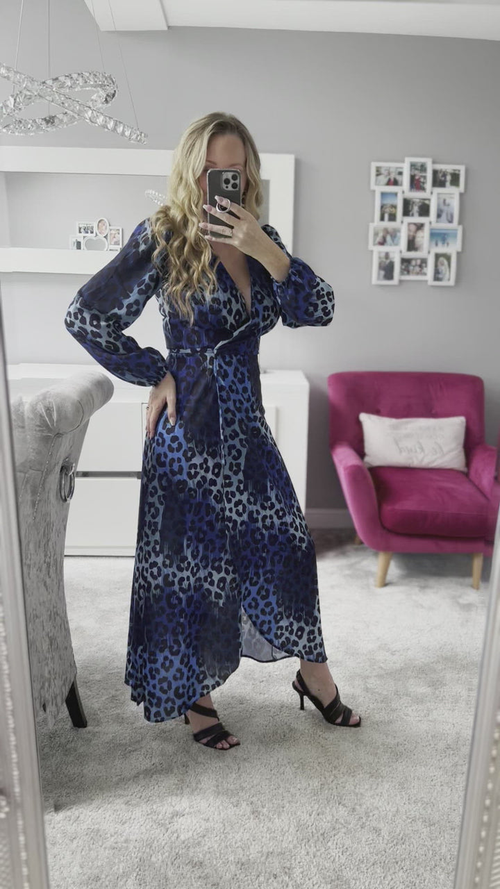 Draped In Luxury Blue Leopard Print Belted Wrap Maxi Dress