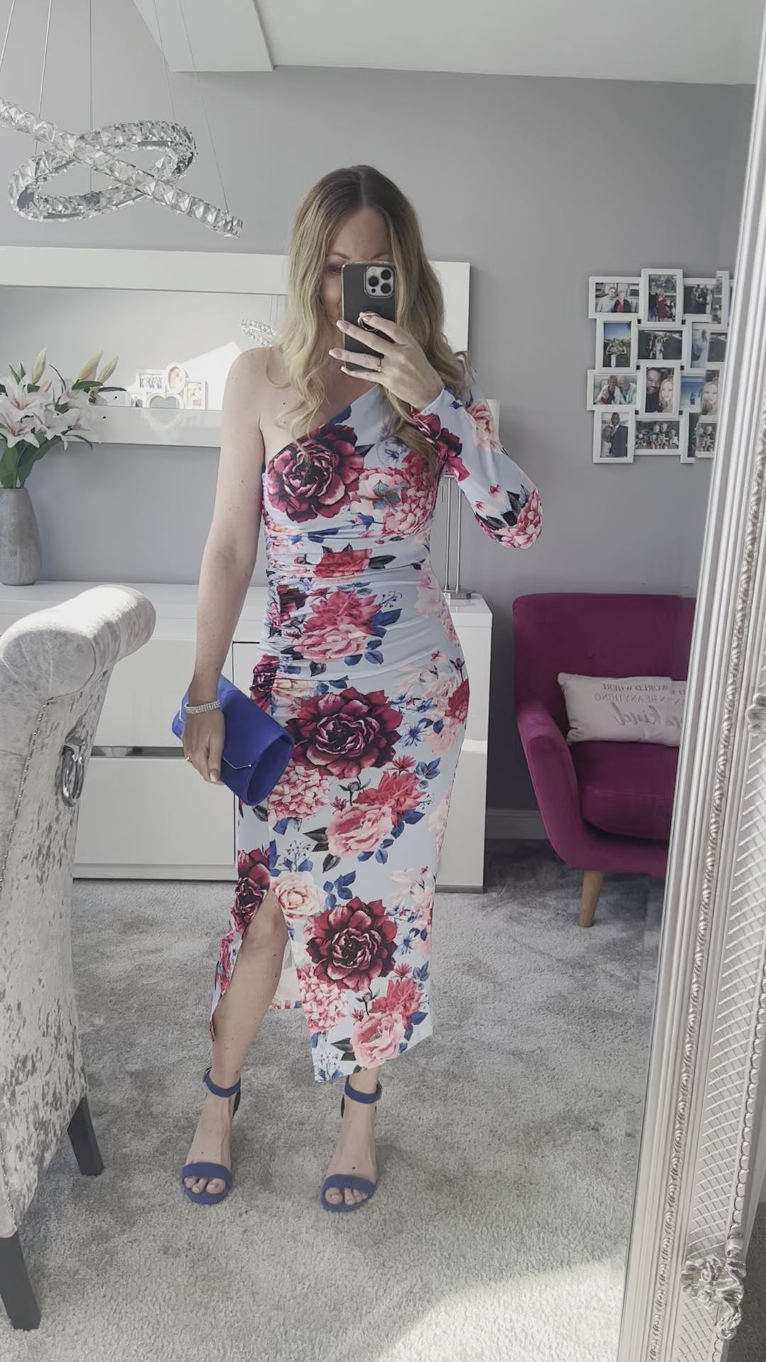 Rodeo Drive Light Blue Floral One Shoulder Bodycon Ruched Midi Dress