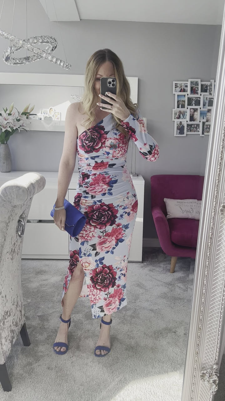 Rodeo Drive Light Blue Floral One Shoulder Bodycon Ruched Midi Dress