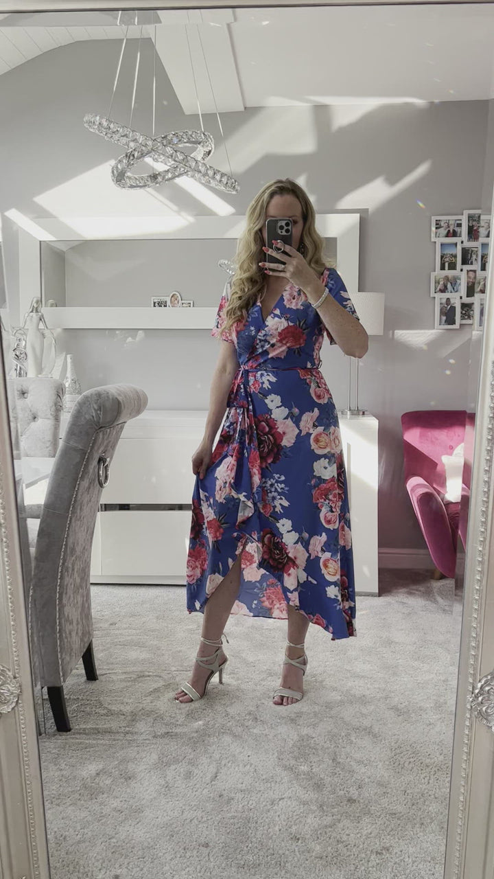 Flirtatious Short Sleeve Belted Cobalt Blue Floral Midi/Maxi Wrap Dress