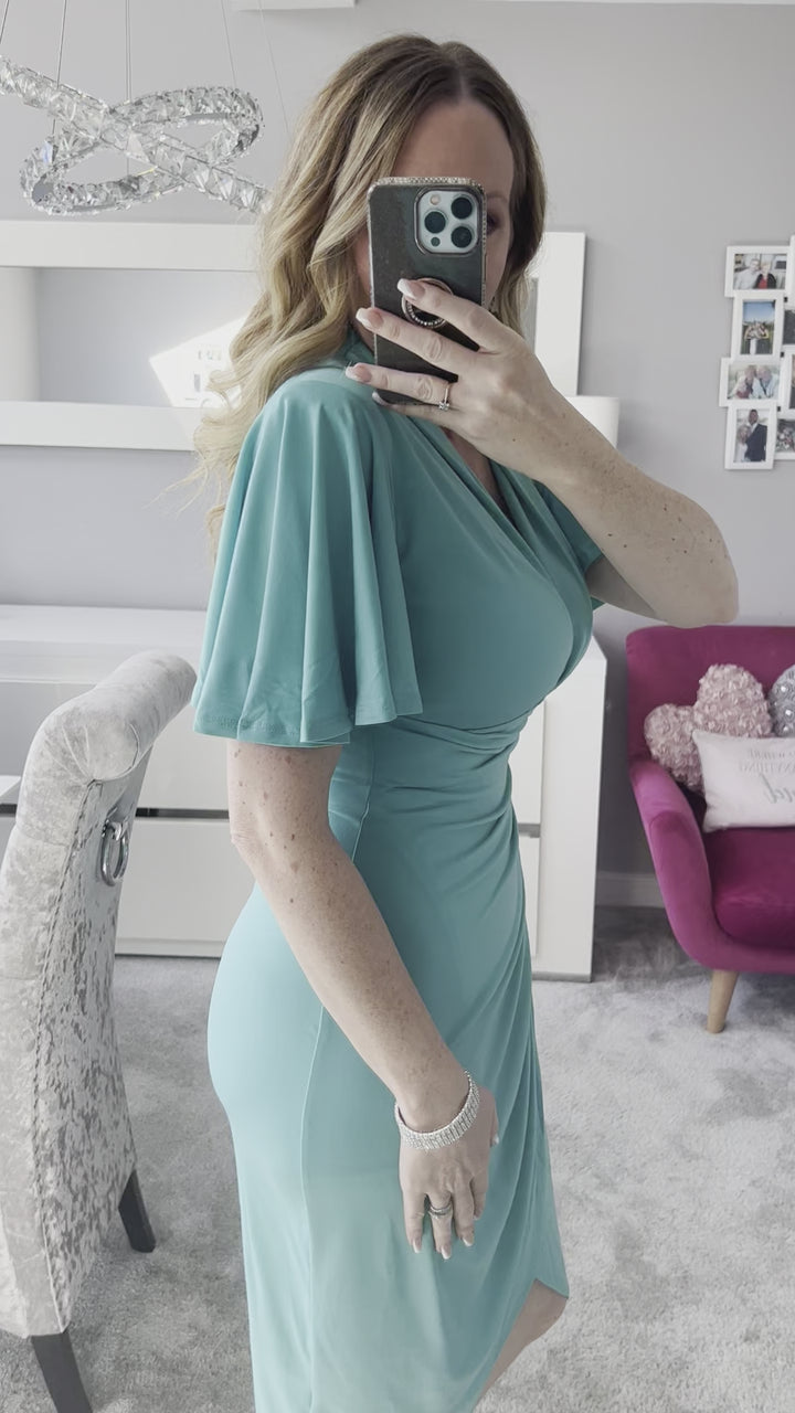 Manhattan Mint Green Angel Sleeve Bodycon Midi Dress