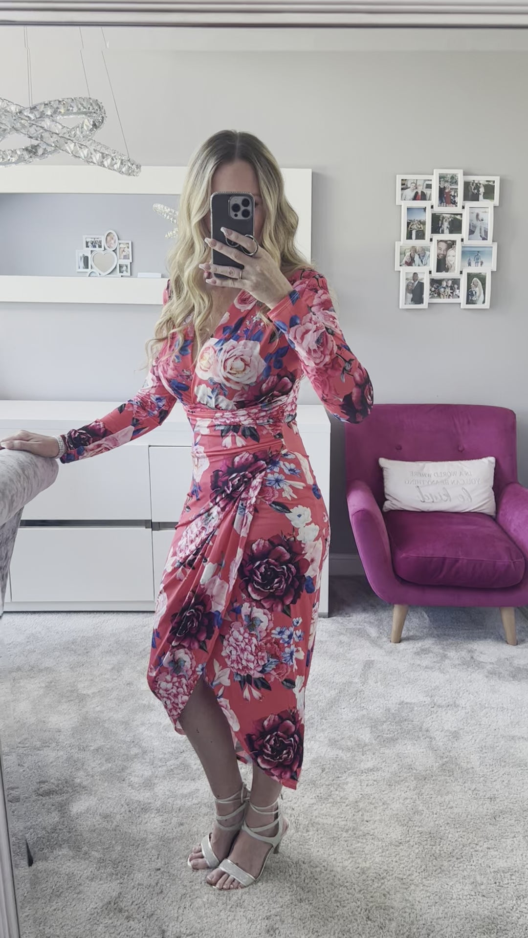 A Touch Of Class Coral Pink Floral Long Sleeve Bodycon Wrap Midi/Maxi Dress