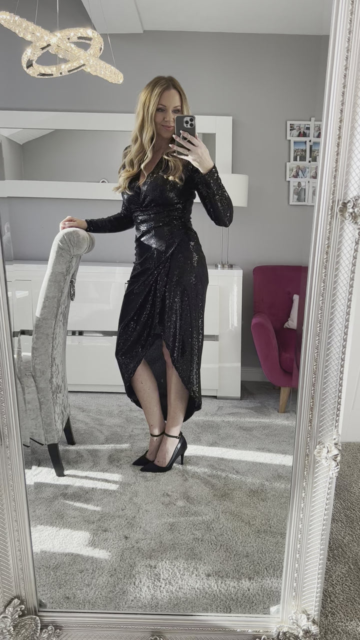 A Touch Of Class Black Sequin Long Sleeve Bodycon Wrap Midi/Maxi Dress