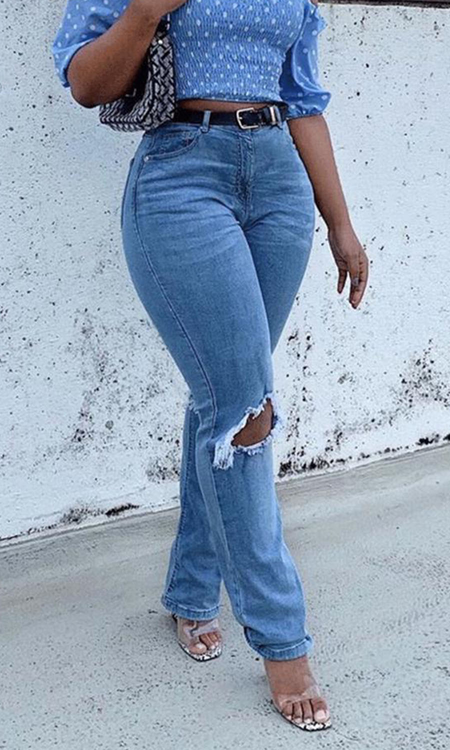 Bottoms Up Blue High Waist Knee Rip Straight Leg Jeans