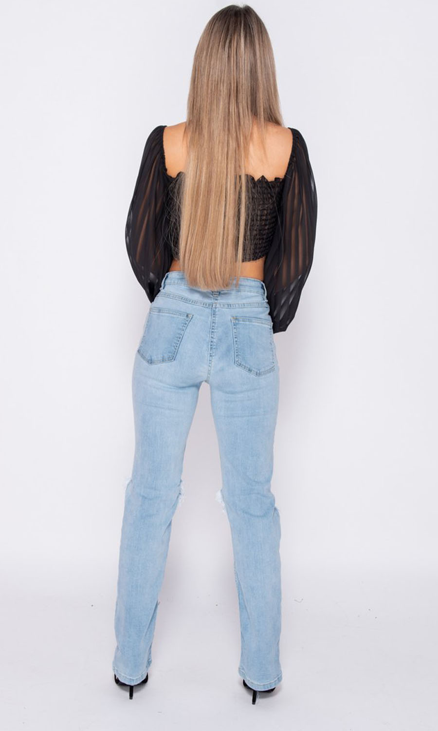 Bottoms Up Blue High Waist Knee Rip Straight Leg Jeans