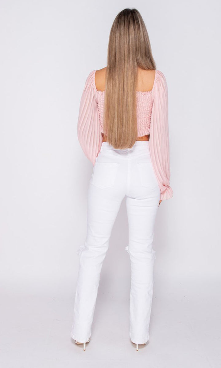 Bottoms Up White High Waist Knee Rip Straight Leg Jeans