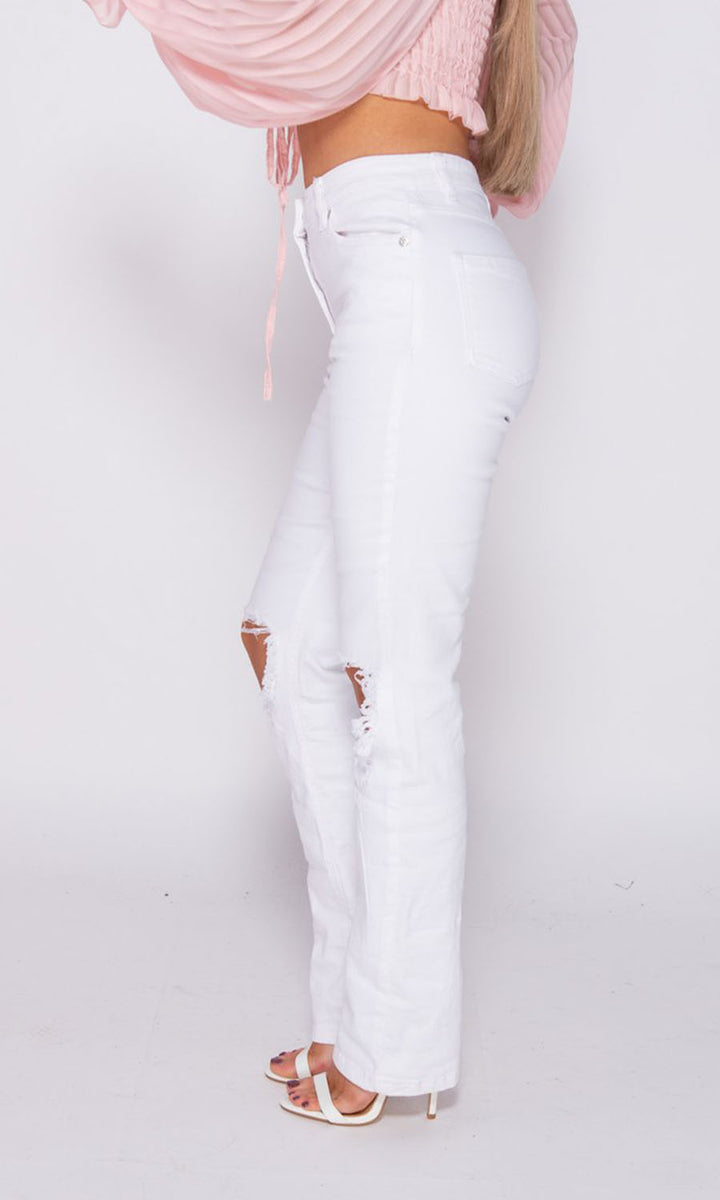 Bottoms Up White High Waist Knee Rip Straight Leg Jeans
