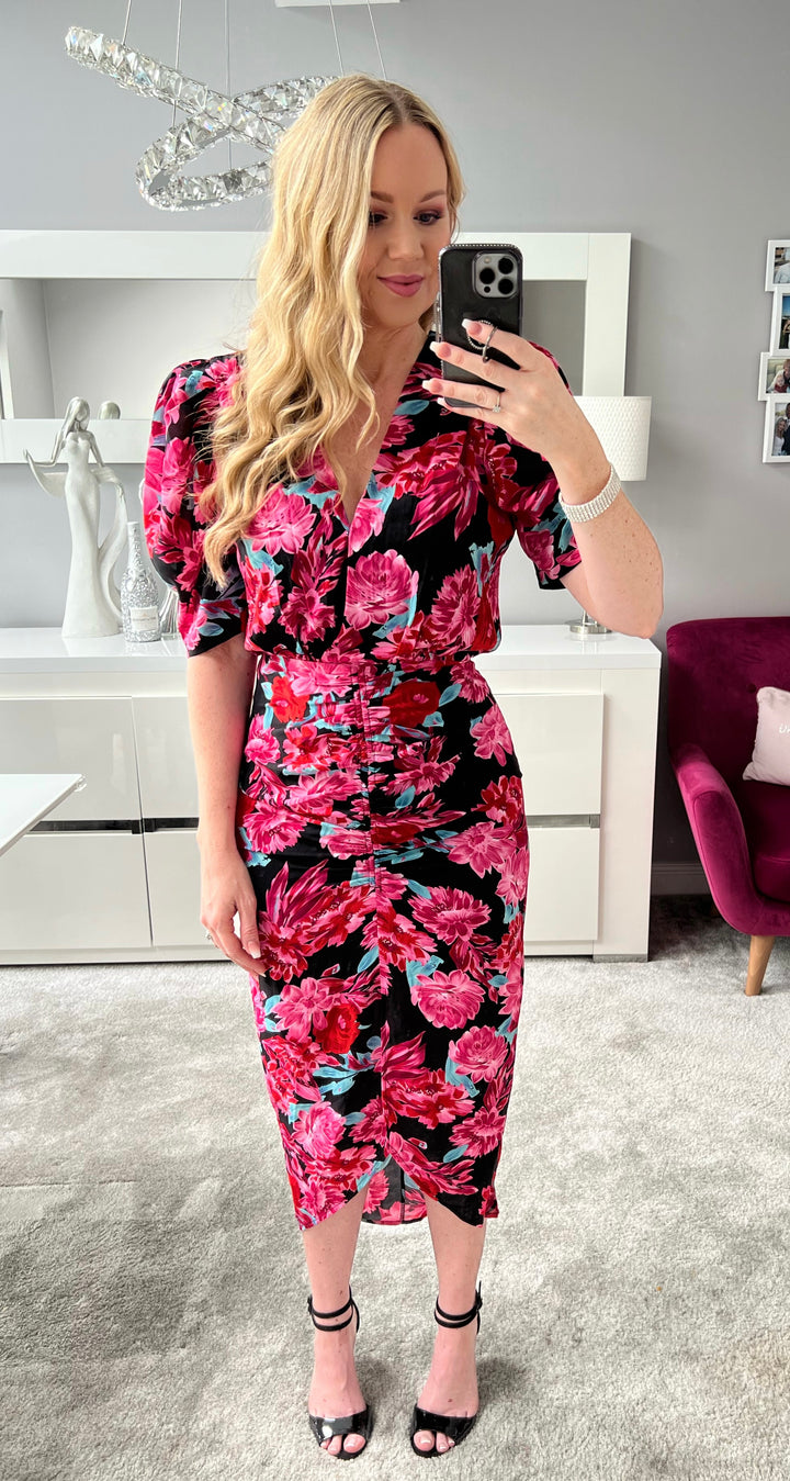 Ces't La Vie Black & Pink Puff Sleeve Floral Midi Dress