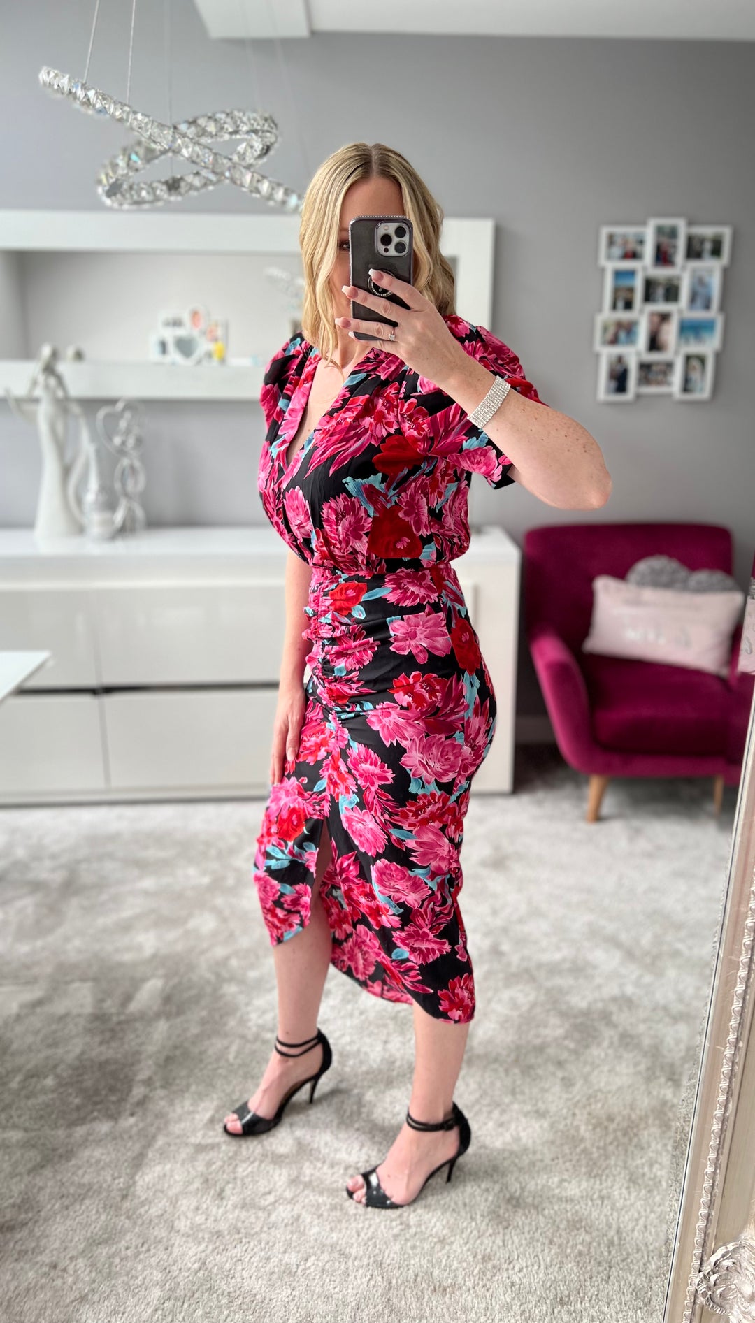 Ces't La Vie Black & Pink Puff Sleeve Floral Midi Dress