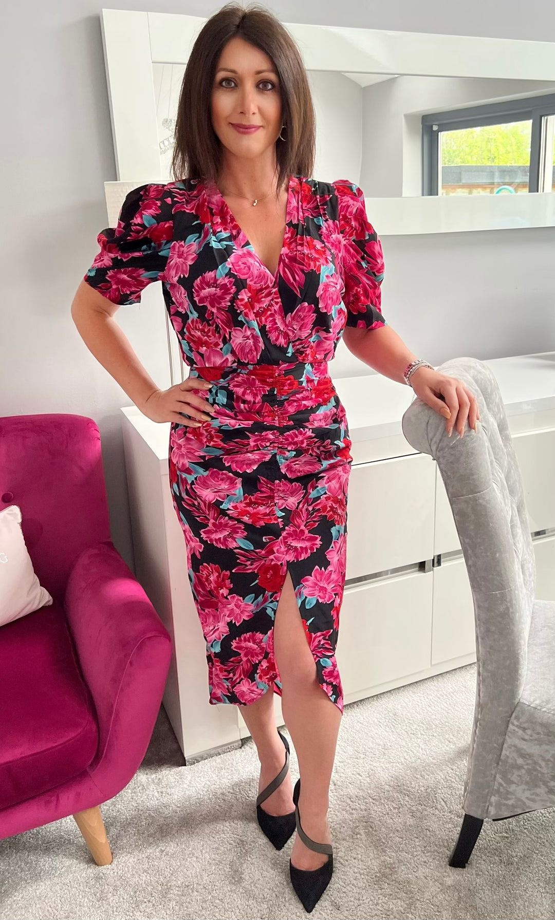Ces't La Vie Black & Pink Puff Sleeve Floral Midi Dress