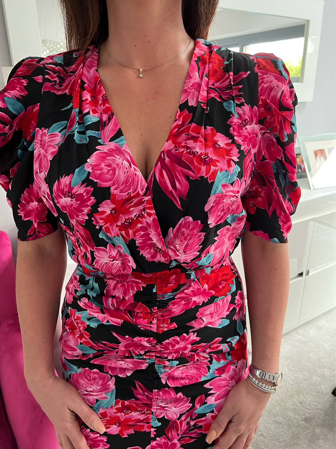 Ces't La Vie Black & Pink Puff Sleeve Floral Midi Dress