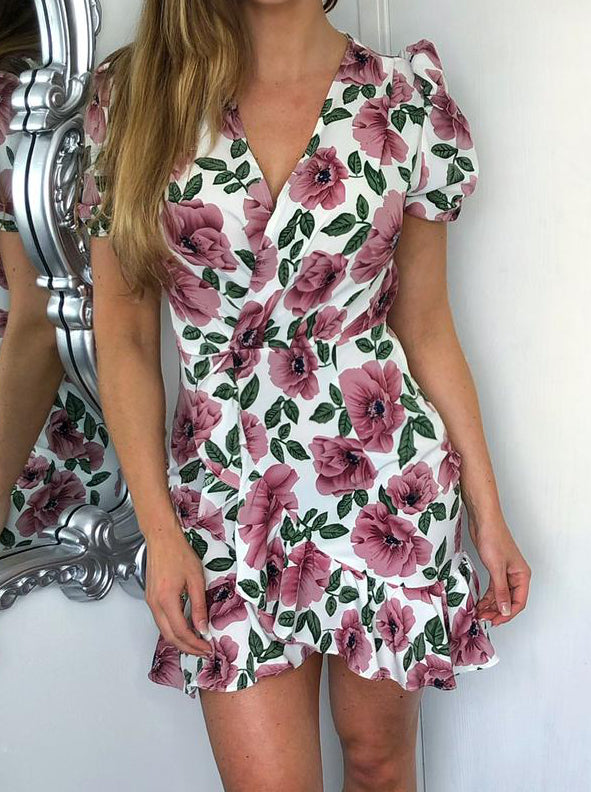 Charlotte White Floral Puff Sleeve Mock Wrap Mini Dress