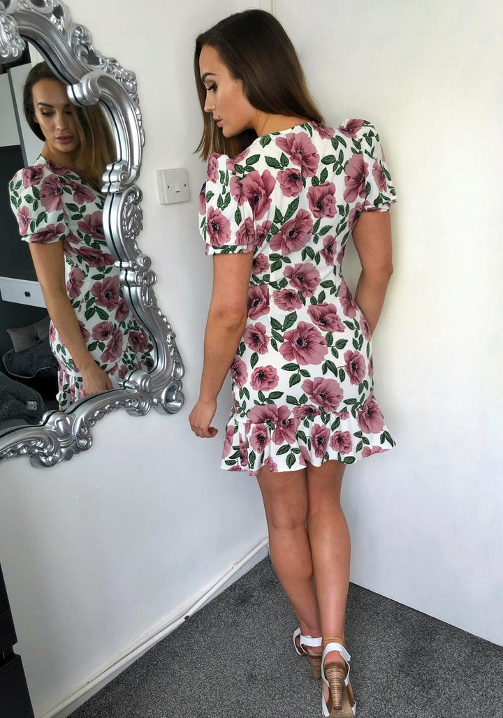 Charlotte White Floral Puff Sleeve Mock Wrap Mini Dress