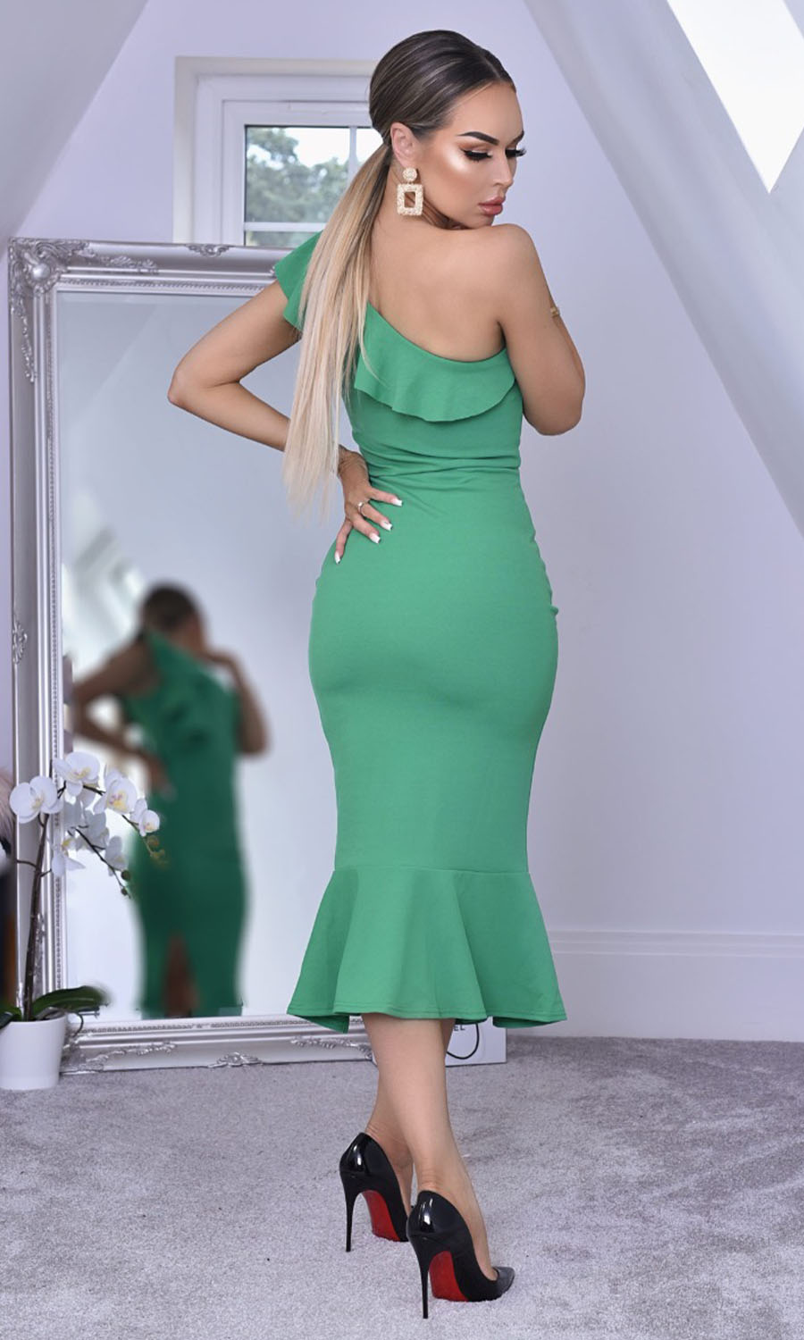 CHLOE-JADE-GREEN-ONE-SHOULDER-FRILL-BODYCON-MIDI-DRESS