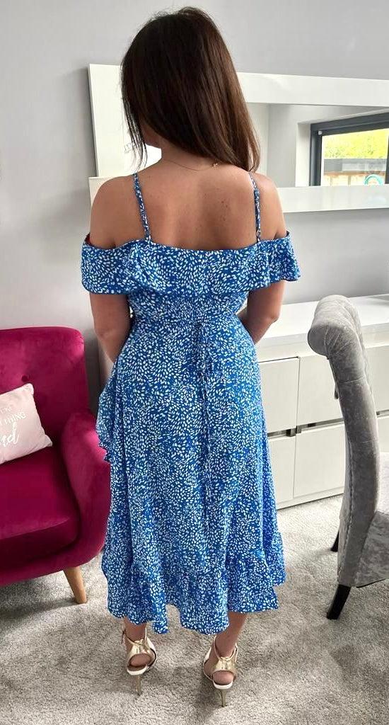 Seren Blue Ditsy Print Wrap Cami Cold Shoulder Midi Dress
