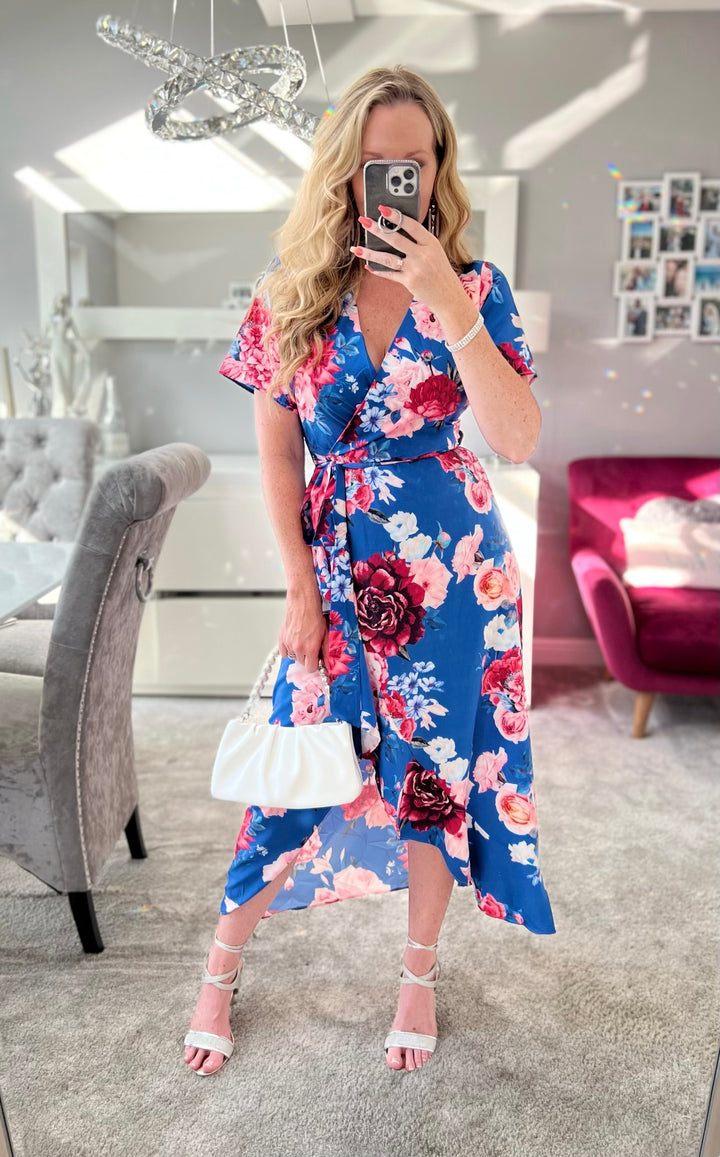 Flirtatious Short Sleeve Belted Cobalt Blue Floral Midi/Maxi Wrap Dress