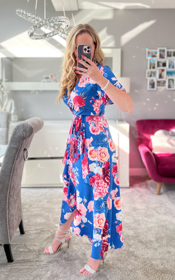 Flirtatious Short Sleeve Belted Cobalt Blue Floral Midi/Maxi Wrap Dress
