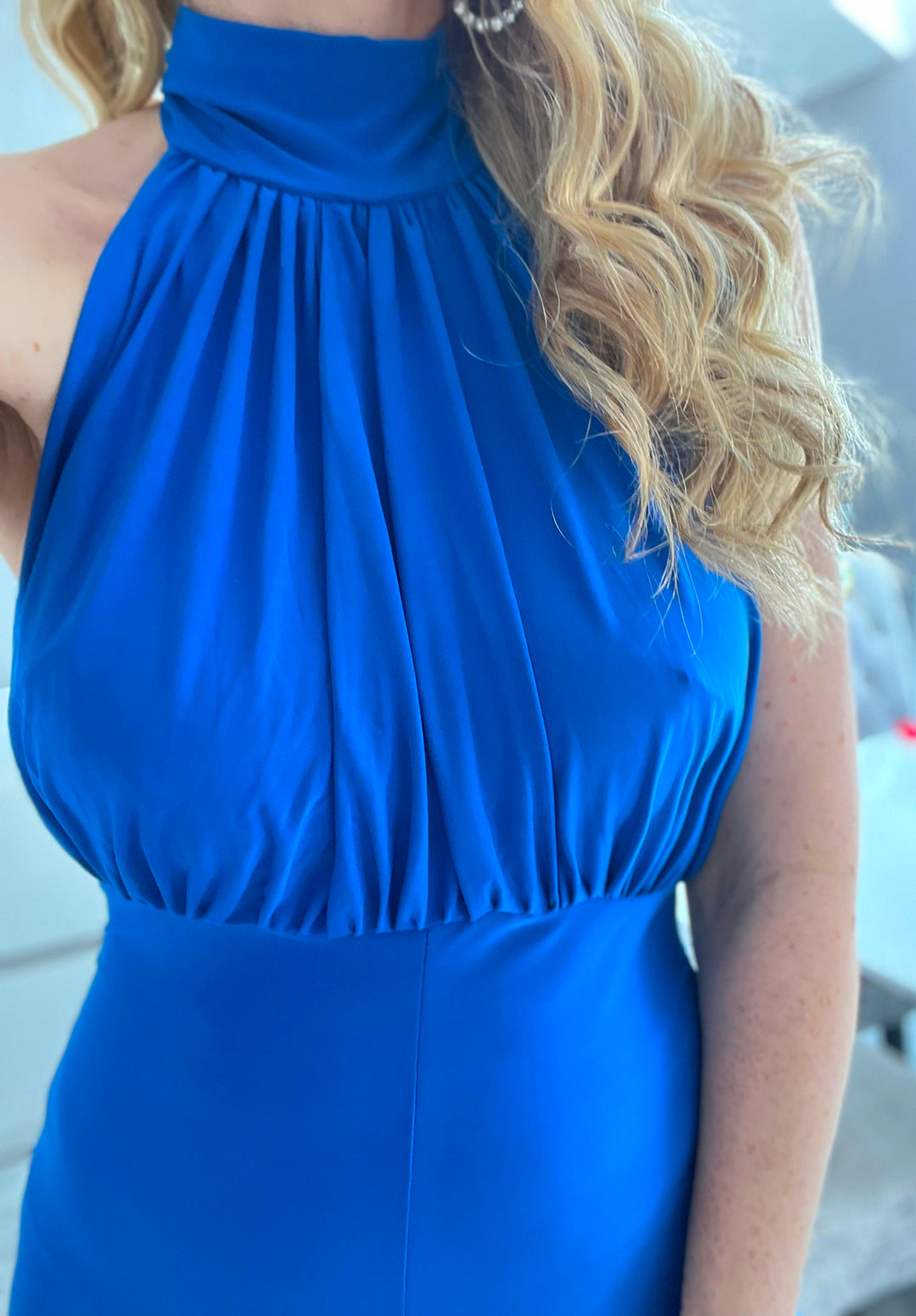 Good Vibes Cobalt Blue Slinky Backless Halterneck Wide Leg Jumpsuit