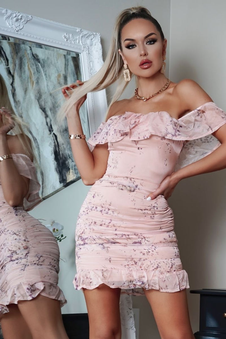 Harley Nude Floral Frill Hem Ruched Back Bardot Mini Dress