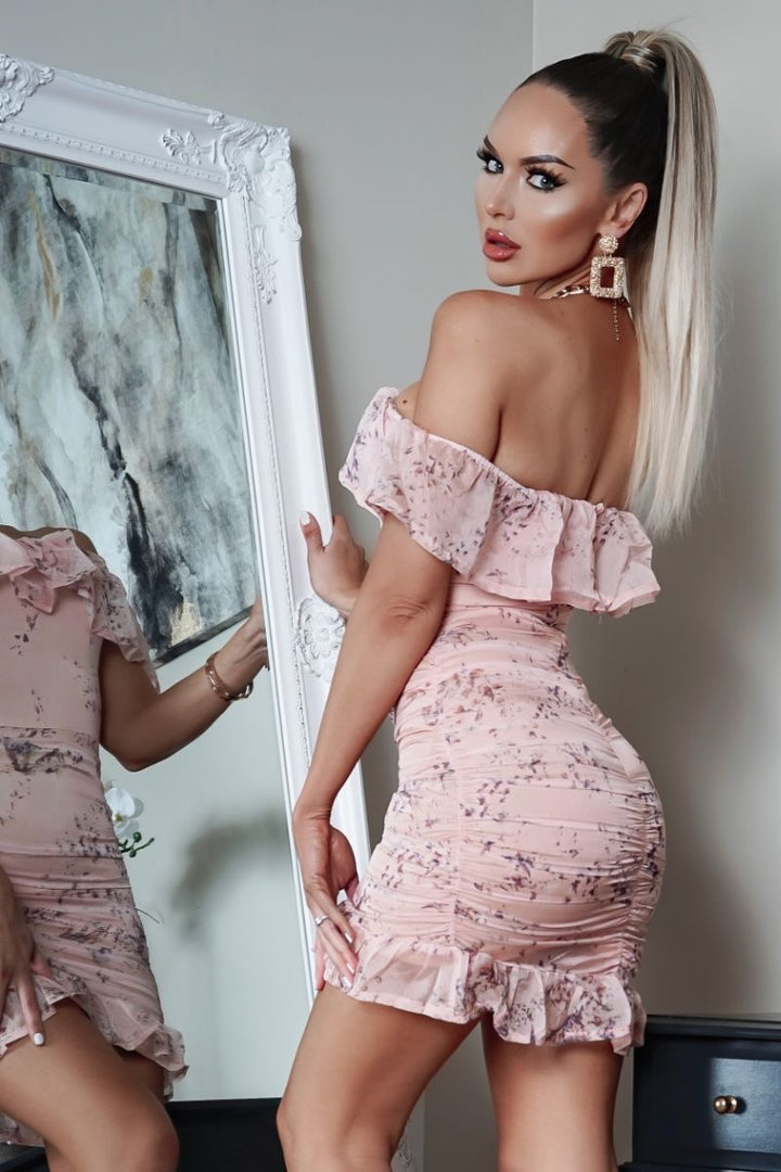 Harley Nude Floral Frill Hem Ruched Back Bardot Mini Dress