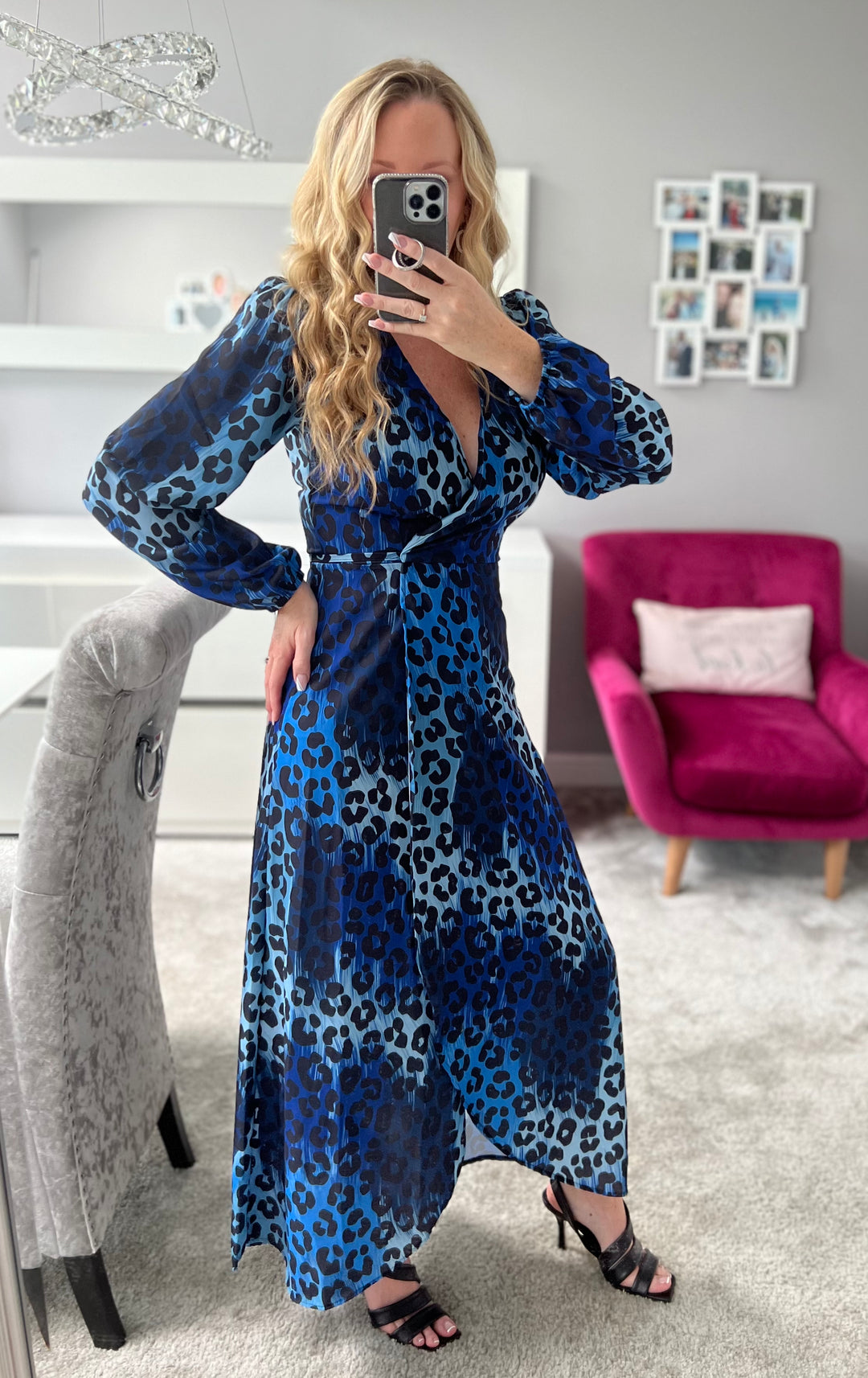 Draped In Luxury Blue Leopard Print Belted Wrap Maxi Dress