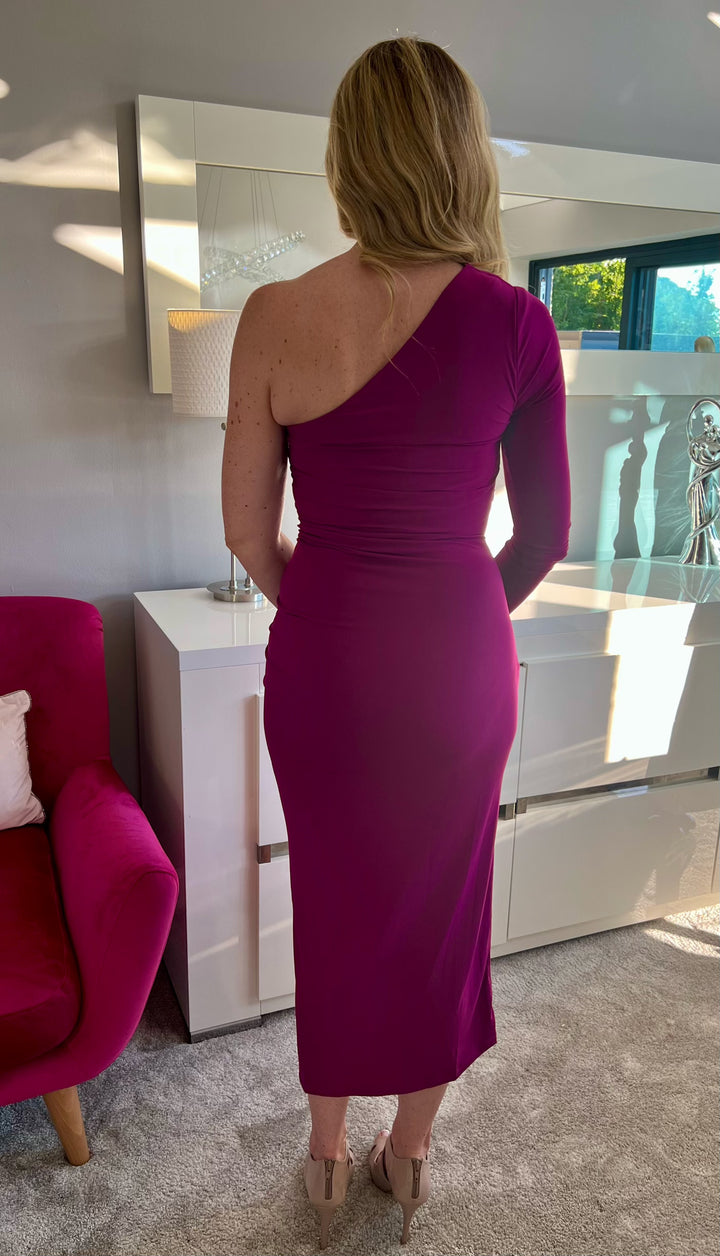 Rodeo Drive Fuchsia Pink One Shoulder Bodycon Ruched Midi Dress