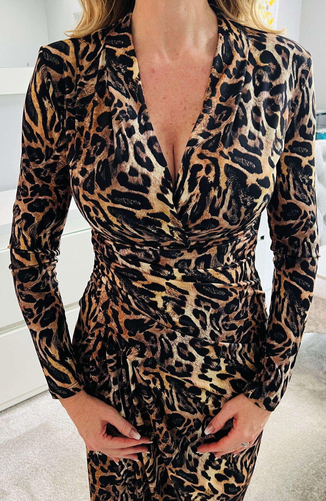 A Touch Of Class Leopard Print Long Sleeve Bodycon Wrap Midi/Maxi Dress
