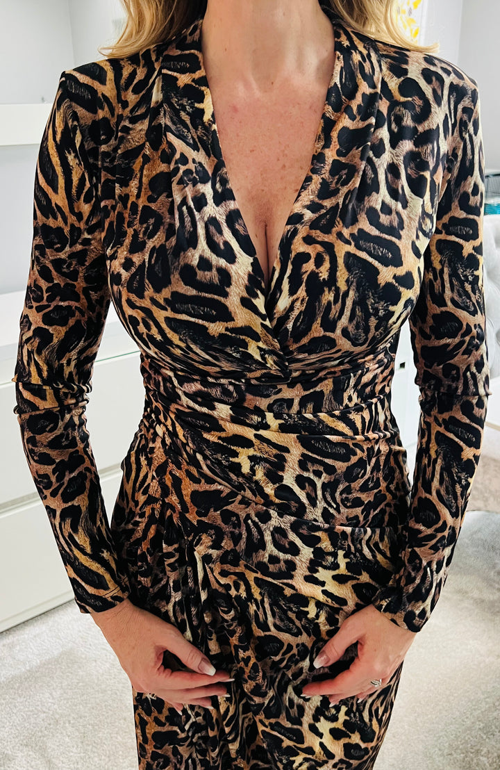 A Touch Of Class Leopard Print Long Sleeve Bodycon Wrap Midi/Maxi Dress