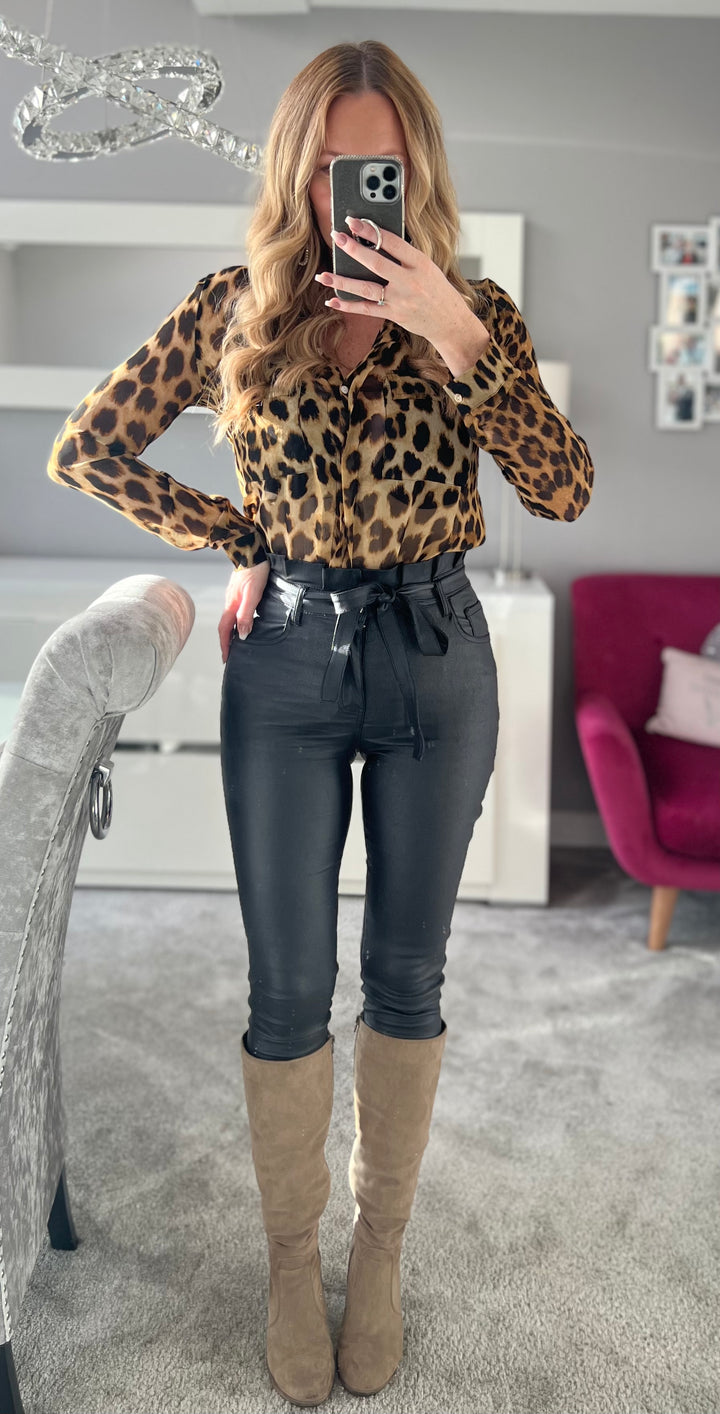 Sleek & Sexy Black High Waist Stretch Faux Leather Paperbag Belted Skinny Trousers