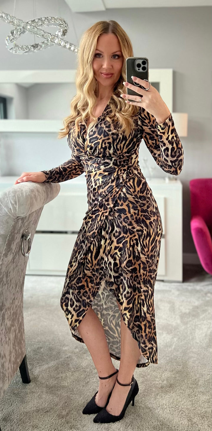A Touch Of Class Leopard Print Long Sleeve Bodycon Wrap Midi/Maxi Dress