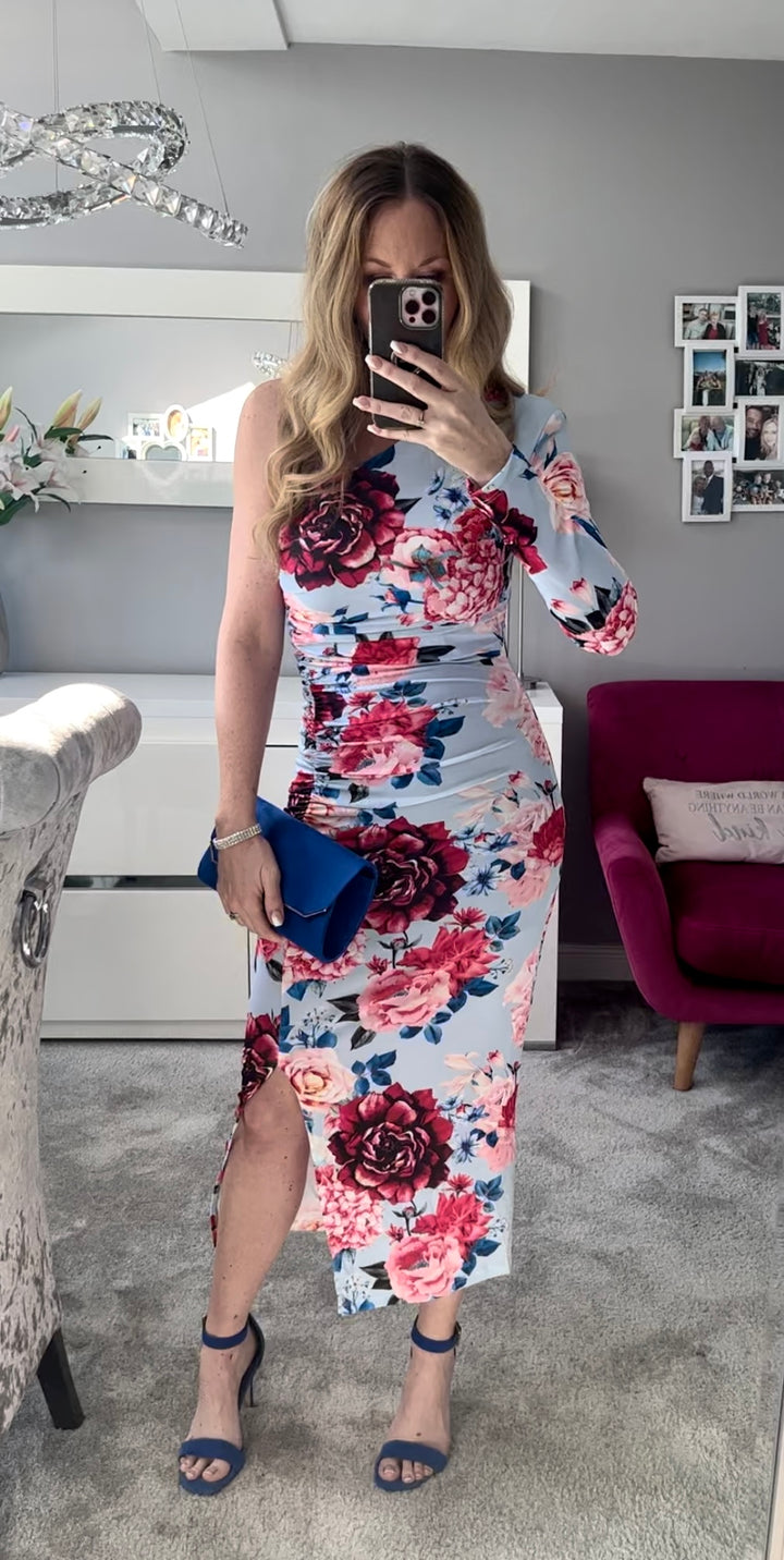 Rodeo Drive Light Blue Floral One Shoulder Bodycon Ruched Midi Dress