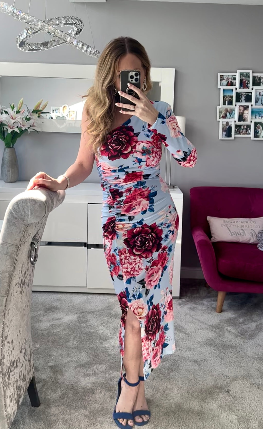 Rodeo Drive Light Blue Floral One Shoulder Bodycon Ruched Midi Dress