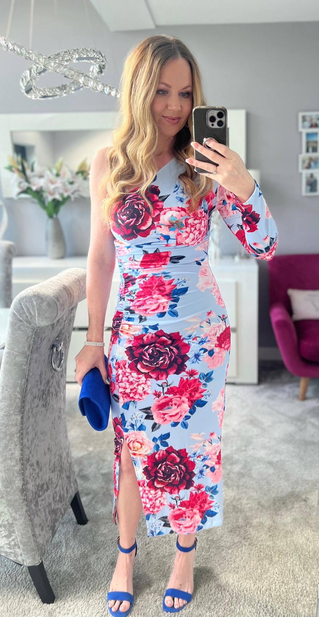 Rodeo Drive Light Blue Floral One Shoulder Bodycon Ruched Midi Dress