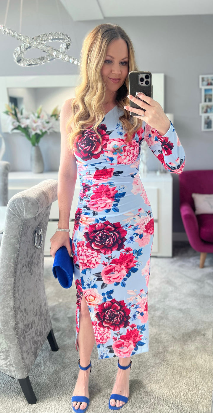 Rodeo Drive Light Blue Floral One Shoulder Bodycon Ruched Midi Dress
