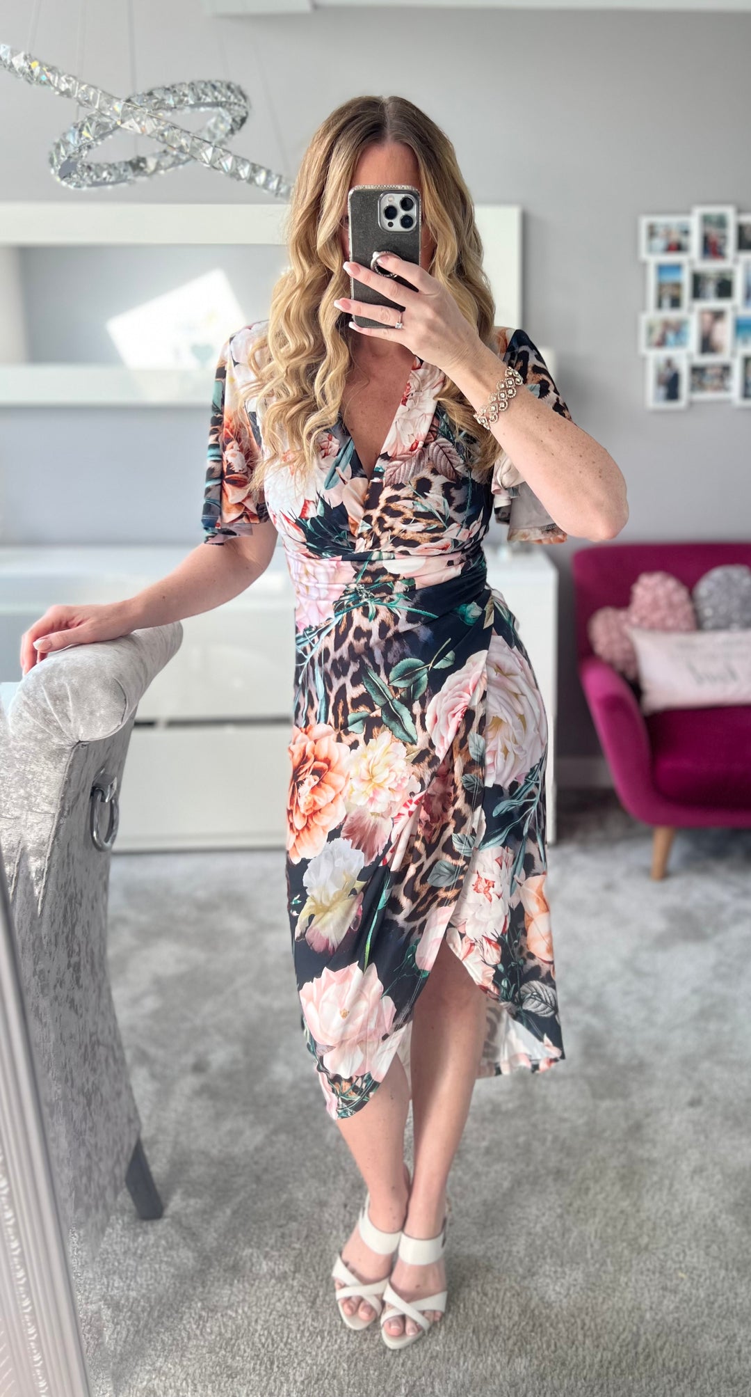 Manhattan Navy Floral Angel Sleeve Bodycon Midi Dress