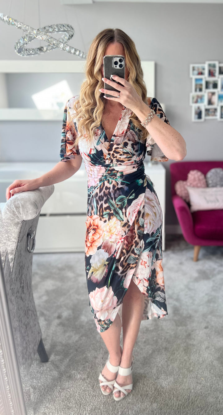 Manhattan Navy Floral Angel Sleeve Bodycon Midi Dress