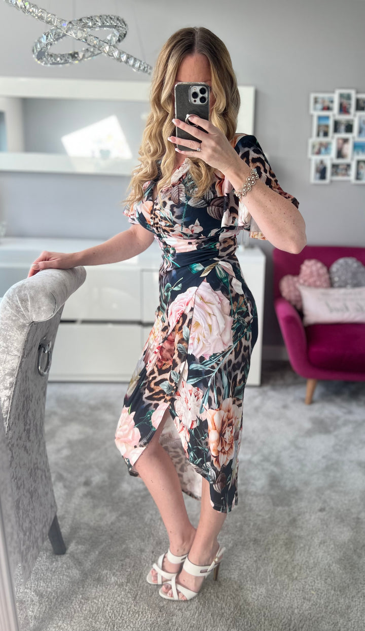 Manhattan Navy Floral Angel Sleeve Bodycon Midi Dress