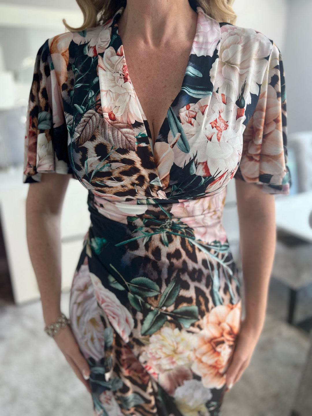 Manhattan Navy Floral Angel Sleeve Bodycon Midi Dress