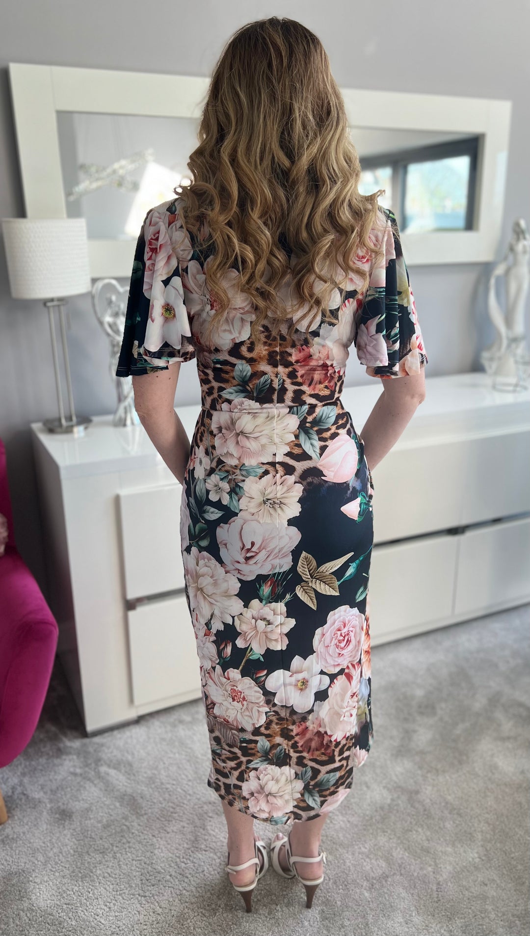 Manhattan Navy Floral Angel Sleeve Bodycon Midi Dress
