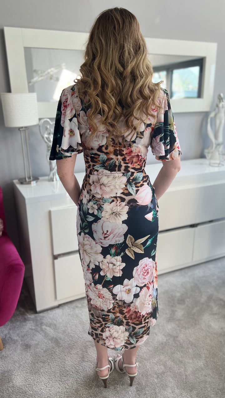Manhattan Navy Floral Angel Sleeve Bodycon Midi Dress