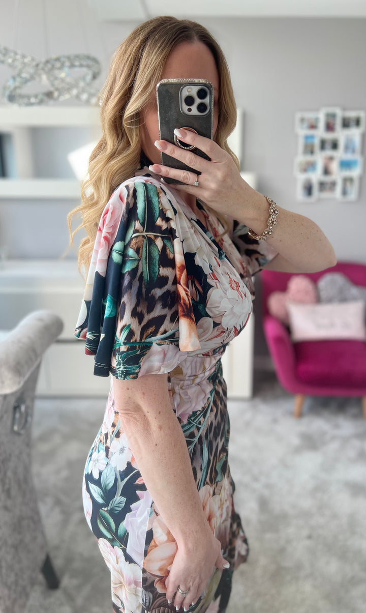 Manhattan Navy Floral Angel Sleeve Bodycon Midi Dress