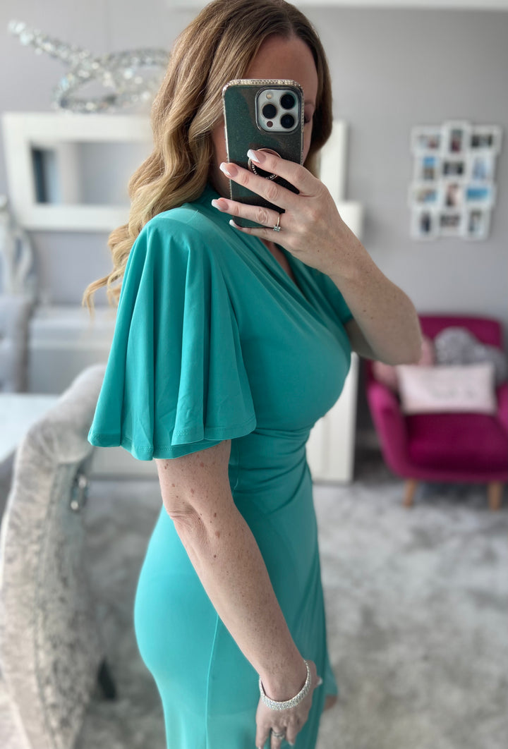 Manhattan Mint Green Angel Sleeve Bodycon Midi Dress