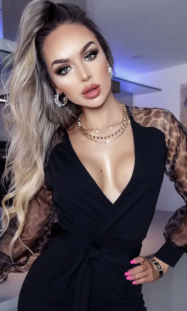 Jetsetter black leopard organza mesh sleeve skinny jumpsuit
