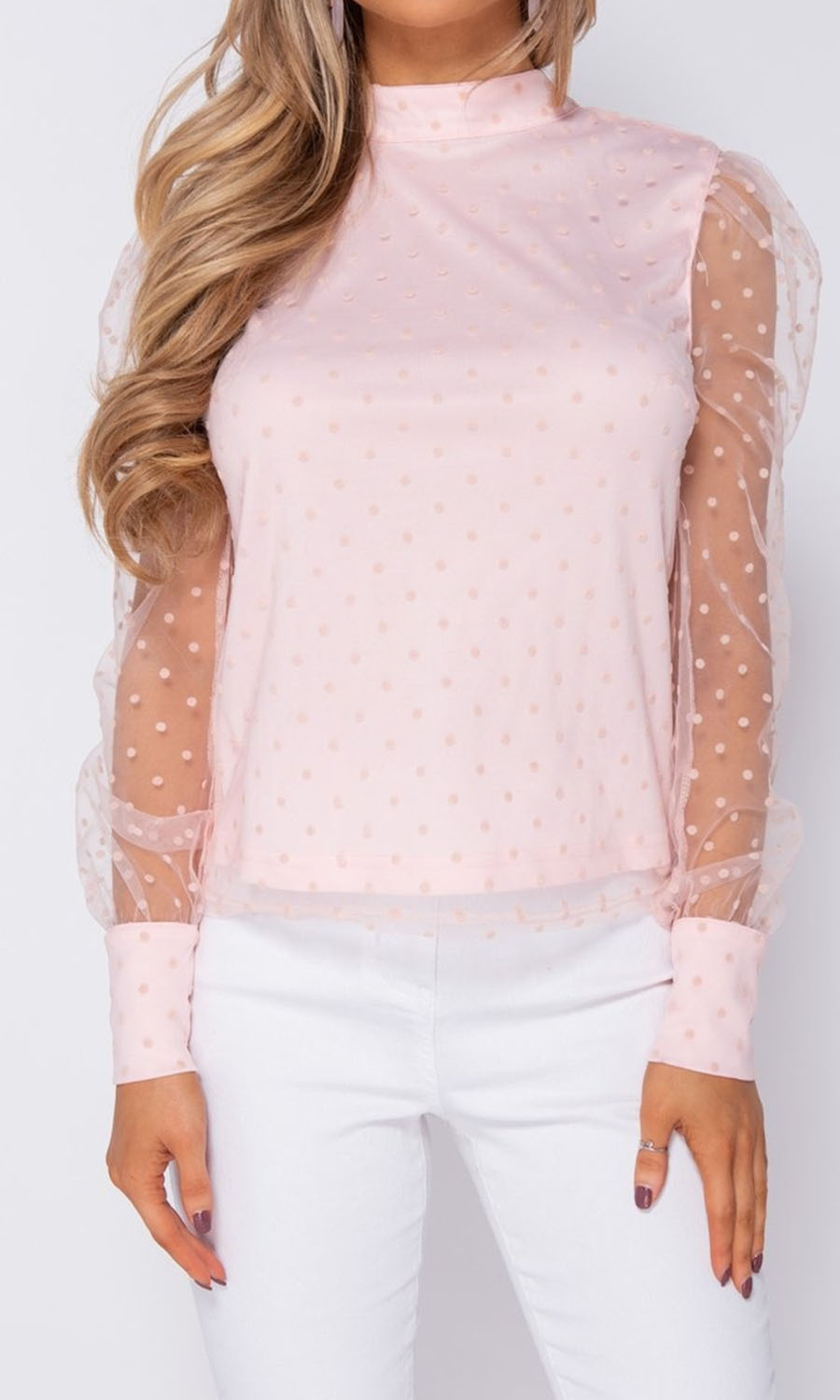 Kaitlin Baby Pink Polka Dot Sheer Sleeve Top